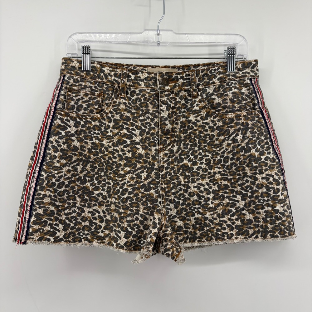 Chelsea & Violet Womens 29 Brown Leopard Print Denim Shorts Side Stripe Raw Hem